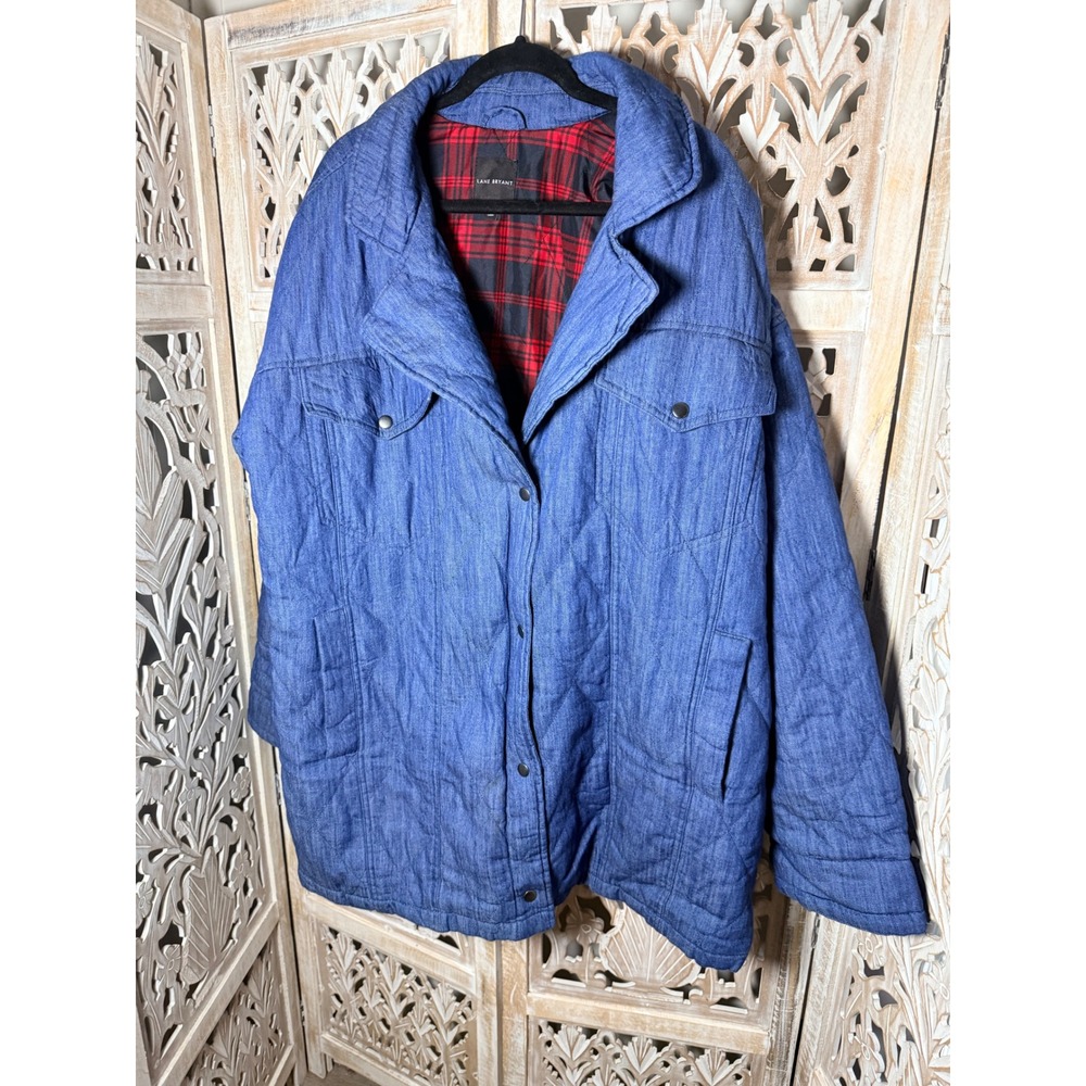 Lane Bryant Womens Blue Quilted Denim Barn Jacket Plaid Lined Size 18 1130749